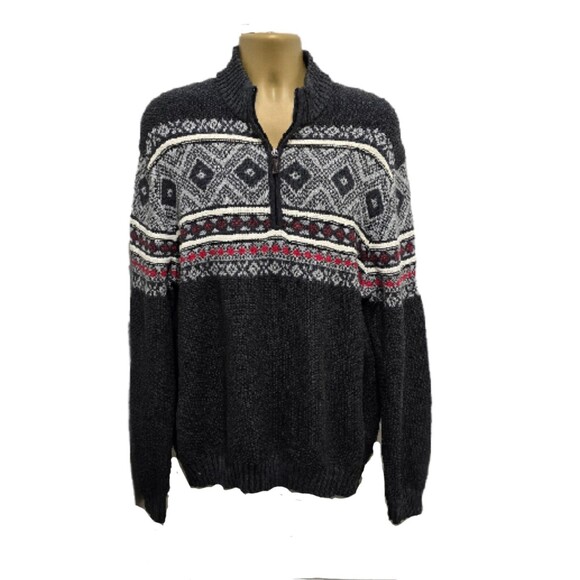 Fair Isle Ski Sweater Mens XXL Gray White Red Nordic Alpine 1/4 Zip Winter Snow - Picture 9 of 9